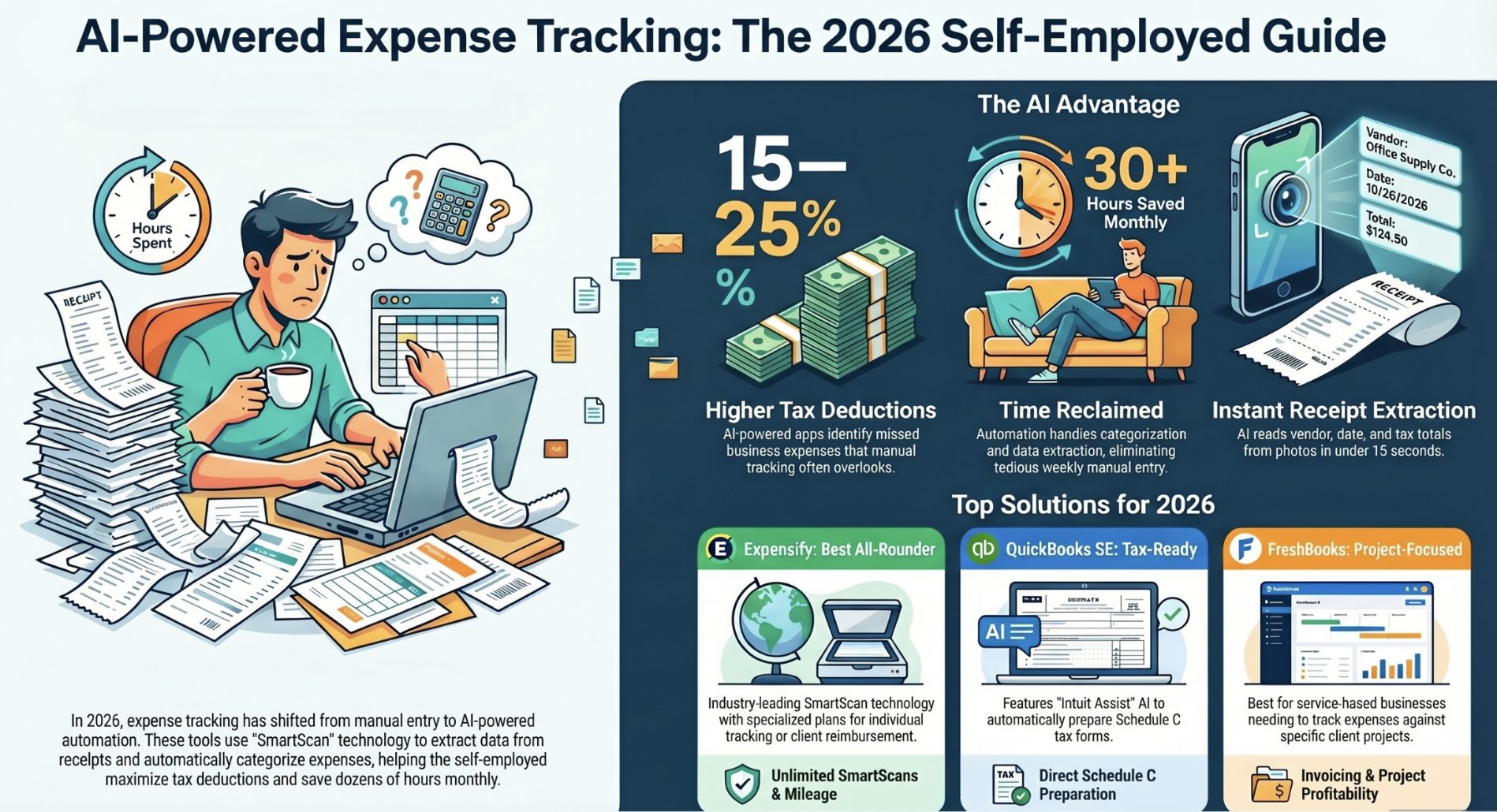 Infographic titled "AI-Powered Expense Tracking: The 2026 Self-Employed Guide." It explains the "AI Advantage," including 15-25% higher tax deductions and 30+ hours saved monthly through instant receipt extraction. It also recommends top software solutions for 2026, such as Expensify, QuickBooks SE, and FreshBooks.