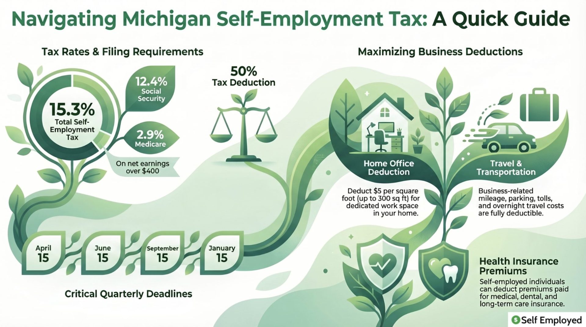 Infographic titled "Navigating Michigan Self-Employment Tax: A Quick Guide." It outlines the 15.3% total self-employment tax and critical quarterly deadlines, alongside strategies for maximizing business deductions including home office, travel, transportation, and health insurance premiums.