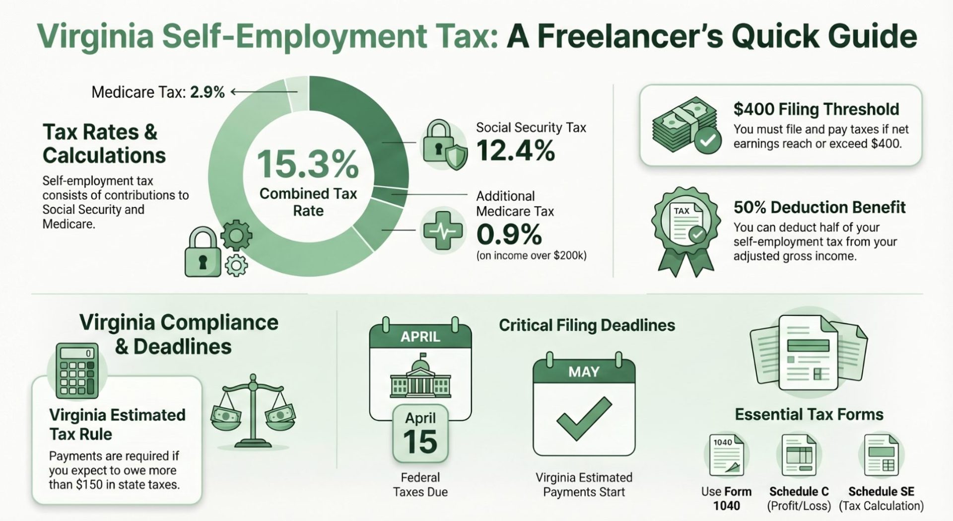 Infographic titled "Virginia Self-Employment Tax: A Freelancer’s Quick Guide." It details the 15.3% combined federal tax rate, the $400 filing threshold, and the 50% deduction benefit. It also covers Virginia-specific compliance, including the $150 estimated tax rule, critical filing deadlines in April and May, and essential forms like Schedule C and Schedule SE.