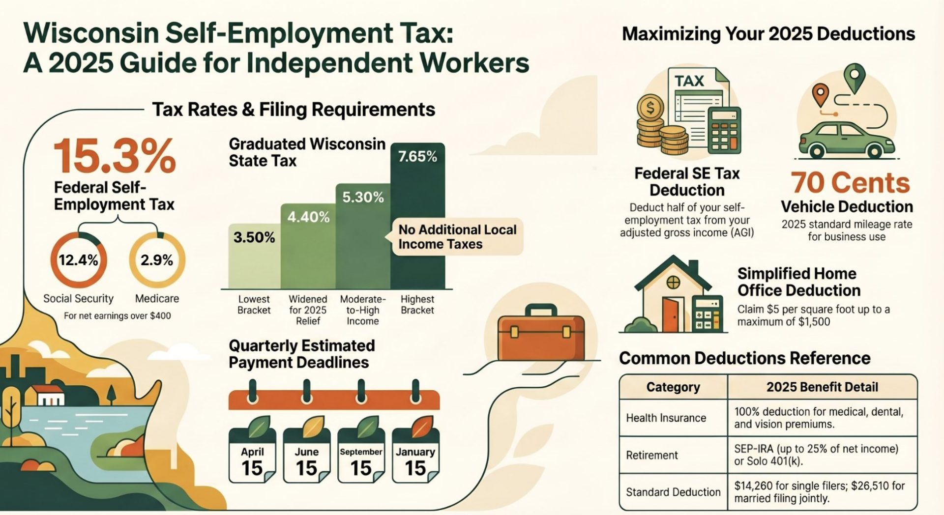 Infographic titled "Wisconsin Self-Employment Tax: A 2025 Guide for Independent Workers." It outlines the 15.3% federal SE tax and Wisconsin's graduated state tax brackets, alongside quarterly payment deadlines. It also features a "Maximizing Your 2025 Deductions" section covering mileage, home office, health insurance, and retirement.