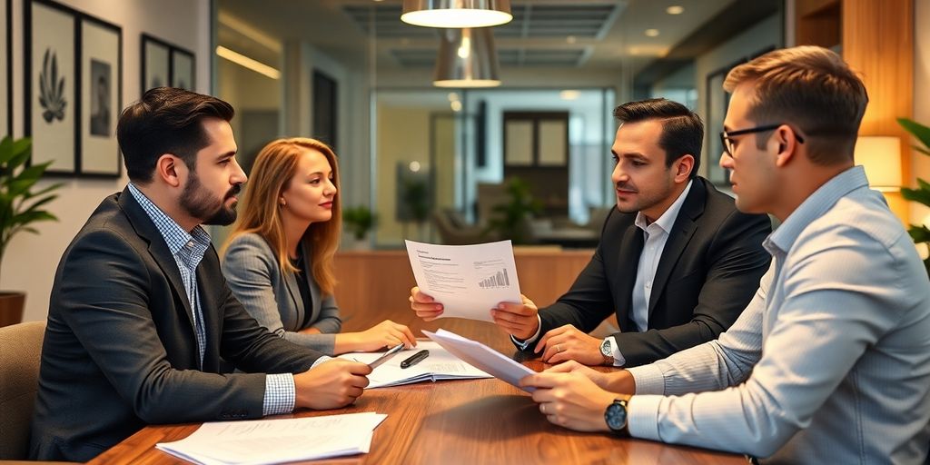 Business professionals discussing LLC loans in an office.