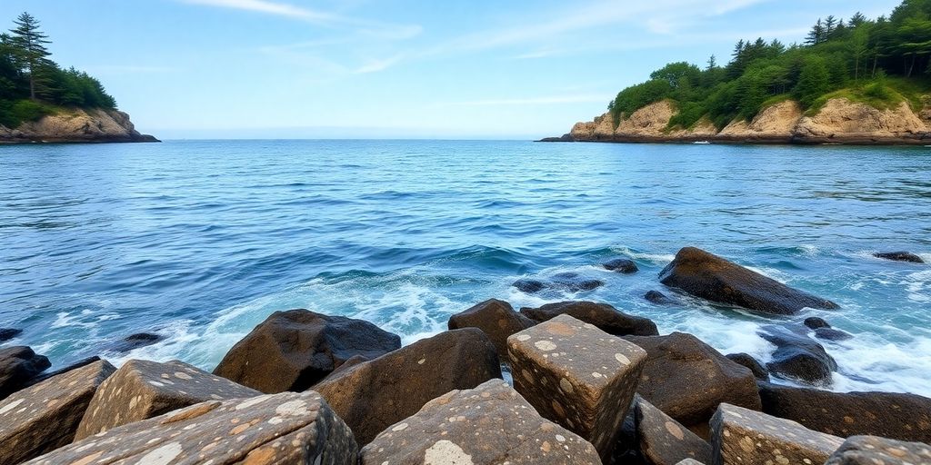 Maine coastline with rocky cliffs and gentle waves.