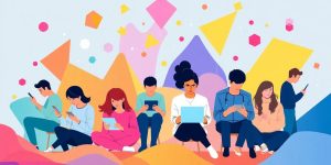 Diverse people using devices in a colorful digital landscape.