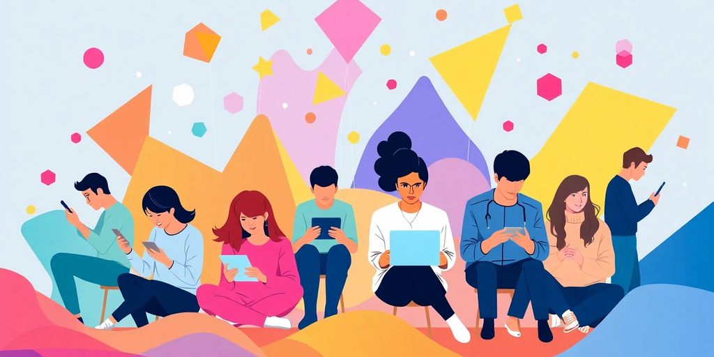 Diverse people using devices in a colorful digital landscape.