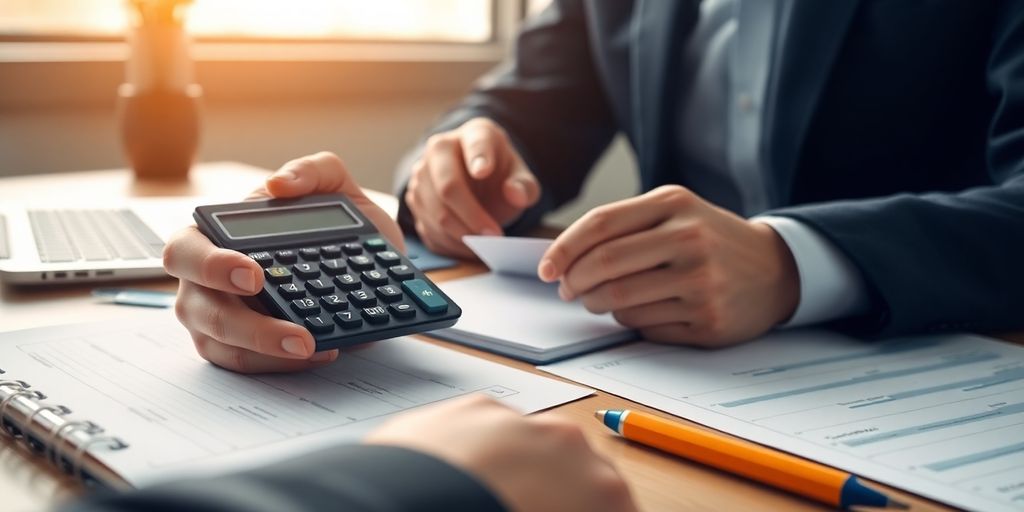 Person calculating business sale prices in an office.
