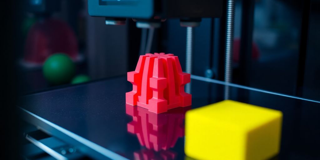 3D printer creating colorful objects on its print bed.