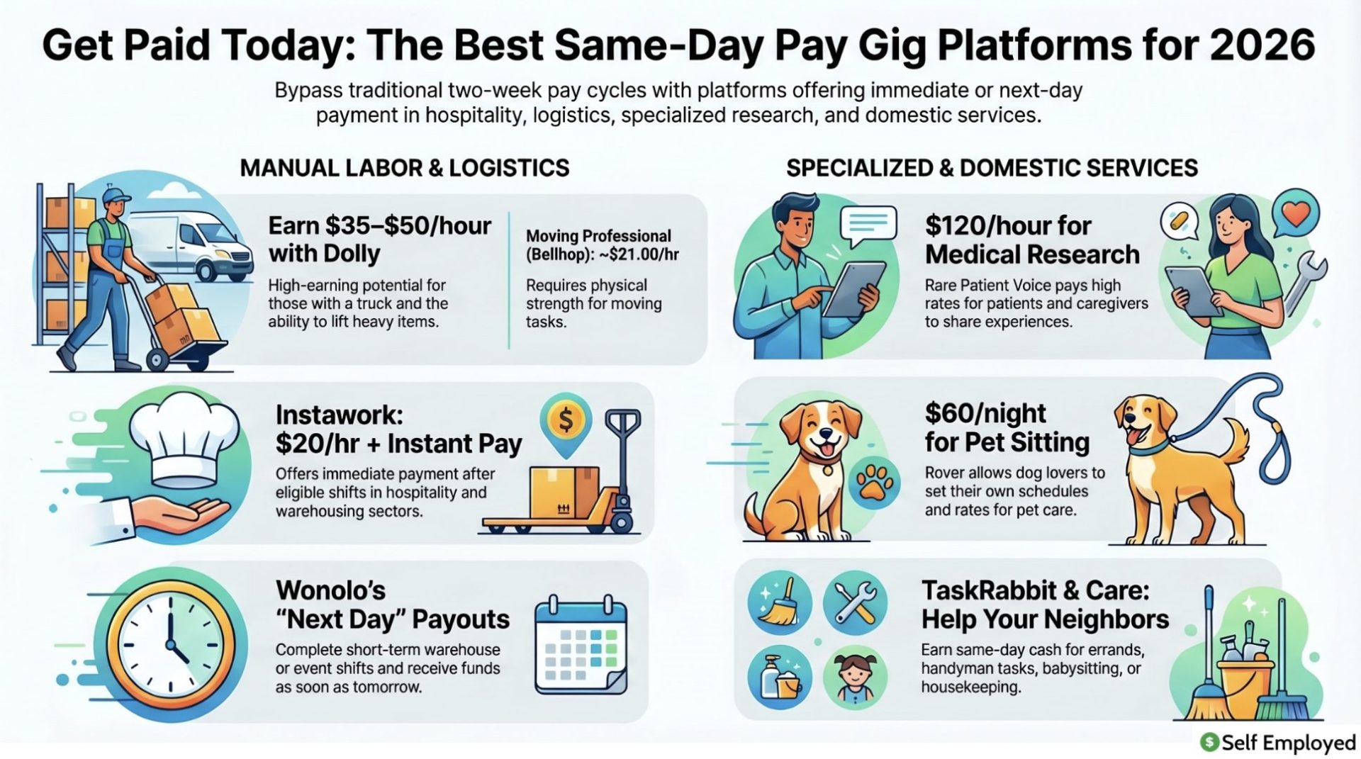 Infographic titled "Get Paid Today: The Best Same-Day Pay Gig Platforms for 2026." It categorizes immediate-pay options into "Manual Labor & Logistics" (Dolly, Instawork, Wonolo) and "Specialized & Domestic Services" (Medical Research, Rover, TaskRabbit), providing hourly rates and payout timelines for each.