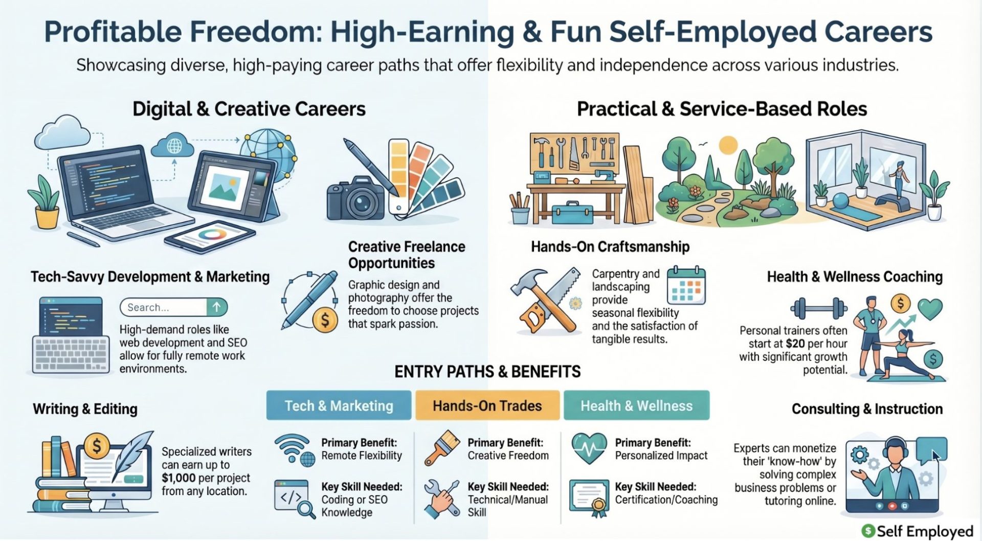 Infographic titled "Profitable Freedom: High-Earning & Fun Self-Employed Careers." It categorizes roles into "Digital & Creative Careers" (Tech, Creative Freelance, Writing) and "Practical & Service-Based Roles" (Hands-On Craftsmanship, Health & Wellness, Consulting), while outlining entry paths, primary benefits, and key skills for each sector.