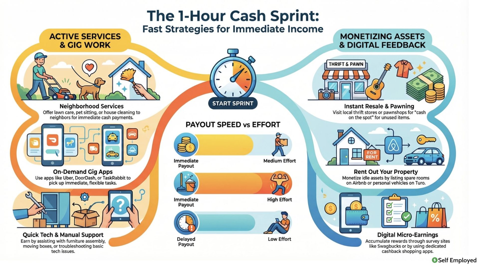 Infographic titled "The 1-Hour Cash Sprint: Fast Strategies for Immediate Income." It compares "Active Services & Gig Work" (neighborhood help, on-demand apps) with "Monetizing Assets & Digital Feedback" (reselling, renting property, micro-earnings), while featuring a "Payout Speed vs. Effort" chart.