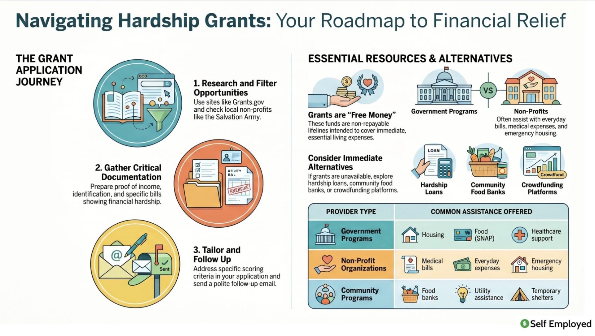Infographic titled "Navigating Hardship Grants: Your Roadmap to Financial Relief." It outlines the grant application journey (research, documentation, and follow-up) and compares essential resources like government programs, non-profits, and community assistance for housing, food, and medical bills.