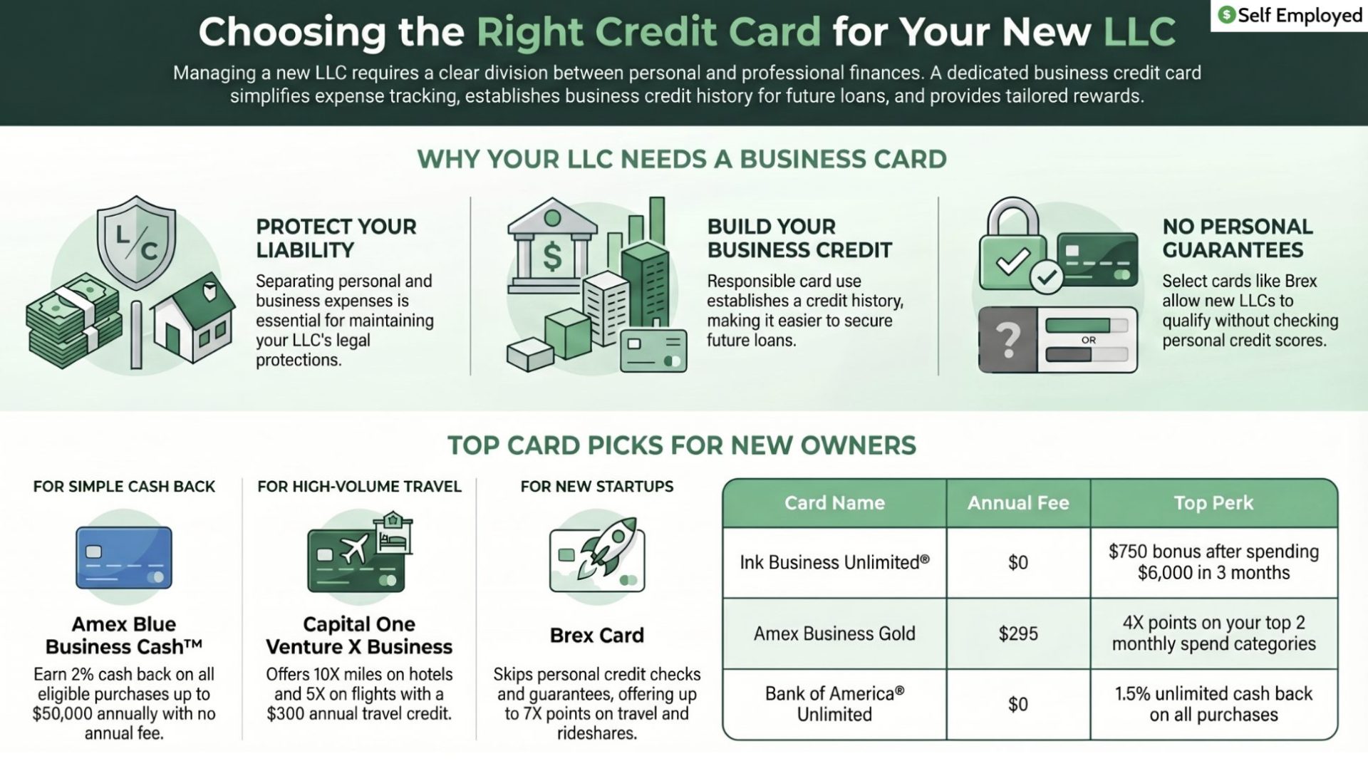 Infographic titled "Choosing the Right Credit Card for Your New LLC." It explains the importance of business cards for liability protection and building credit, then compares top picks like the Amex Blue Business Cash, Capital One Venture X Business, and Brex Card based on cash back, travel rewards, and startup-friendly features.