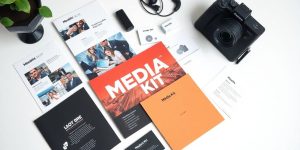 Photographic image of a professional media kit layout.