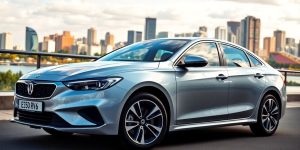 A modern car in a vibrant urban setting.