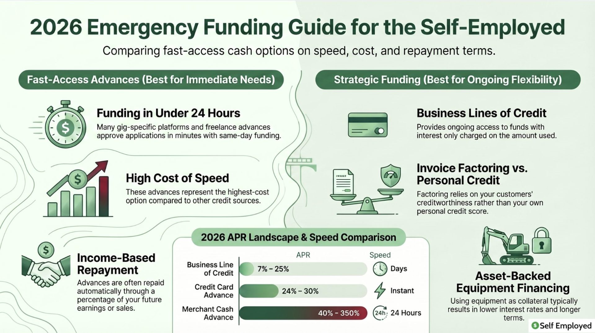 Infographic titled "2026 Emergency Funding Guide for the Self-Employed." It compares "Fast-Access Advances" for immediate needs against "Strategic Funding" for flexibility, featuring a comparison chart of APR and speed for business lines of credit, credit card advances, and merchant cash advances.