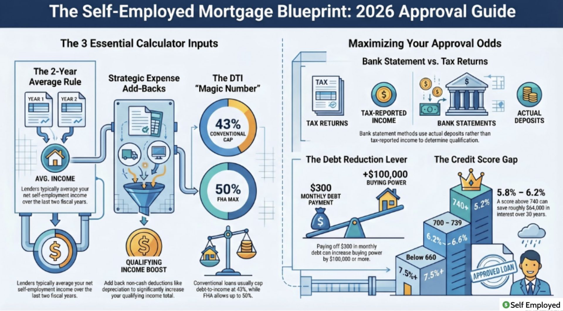 Infographic titled "The Self-Employed Mortgage Blueprint: 2026 Approval Guide." It explains the "3 Essential Calculator Inputs" (2-year average income, expense add-backs, and DTI caps) alongside strategies for maximizing approval odds through bank statement loans, debt reduction, and maintaining a high credit score.