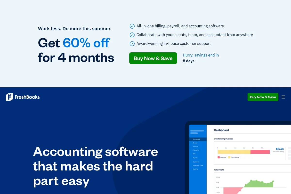 Screenshot of FreshBooks homepage