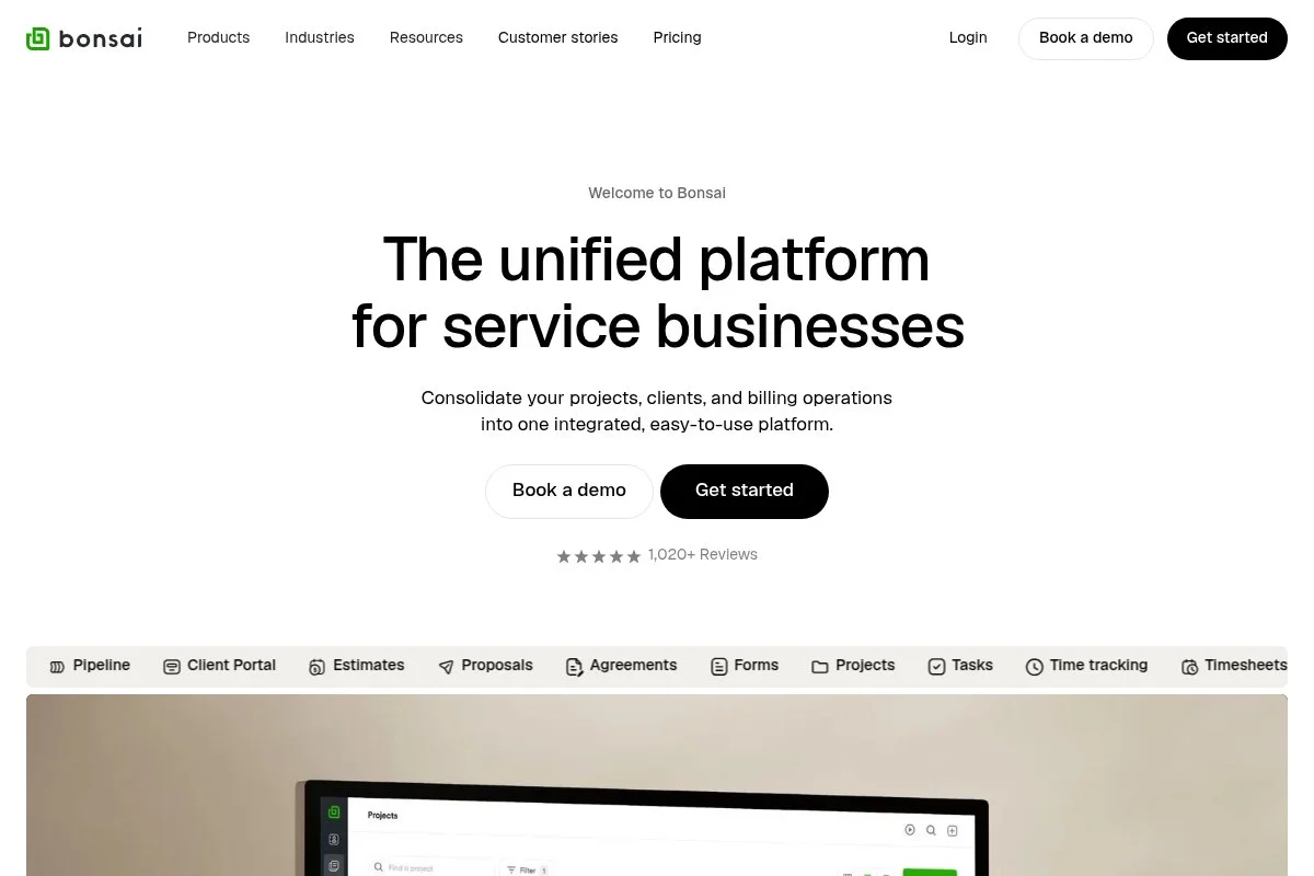 Screenshot of Bonsai homepage