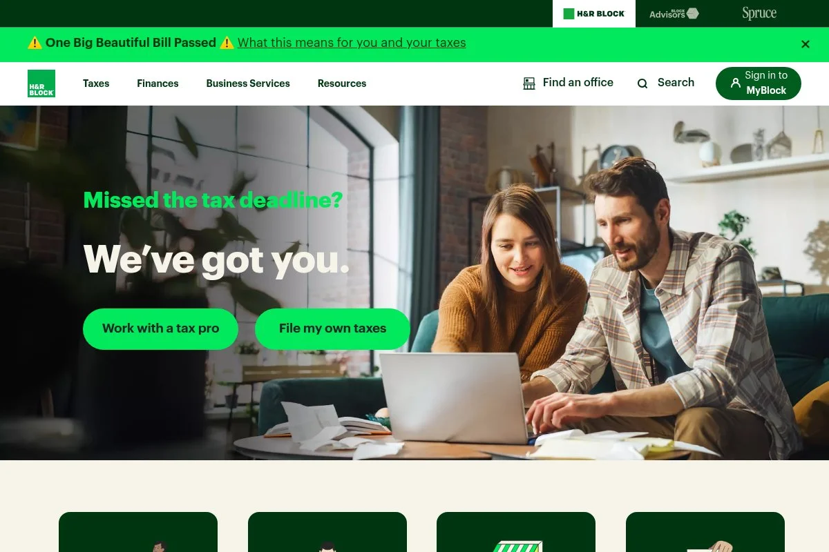 Screenshot of H&R Block Self-Employed homepage