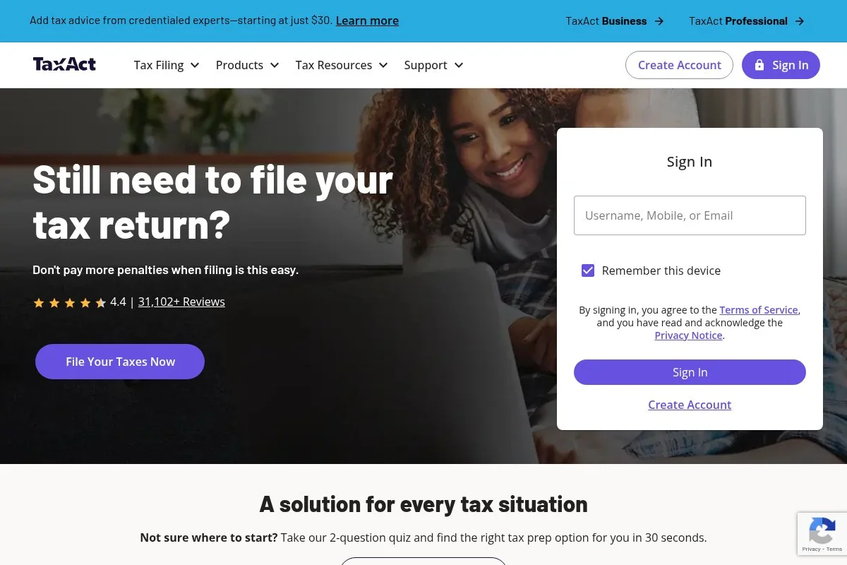 Screenshot of TaxAct Self-Employed homepage