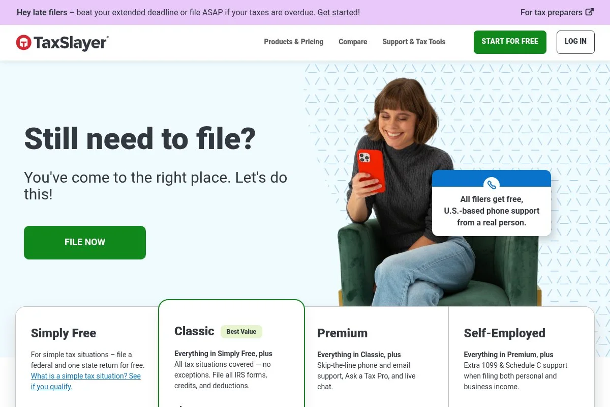 Screenshot of TaxSlayer homepage