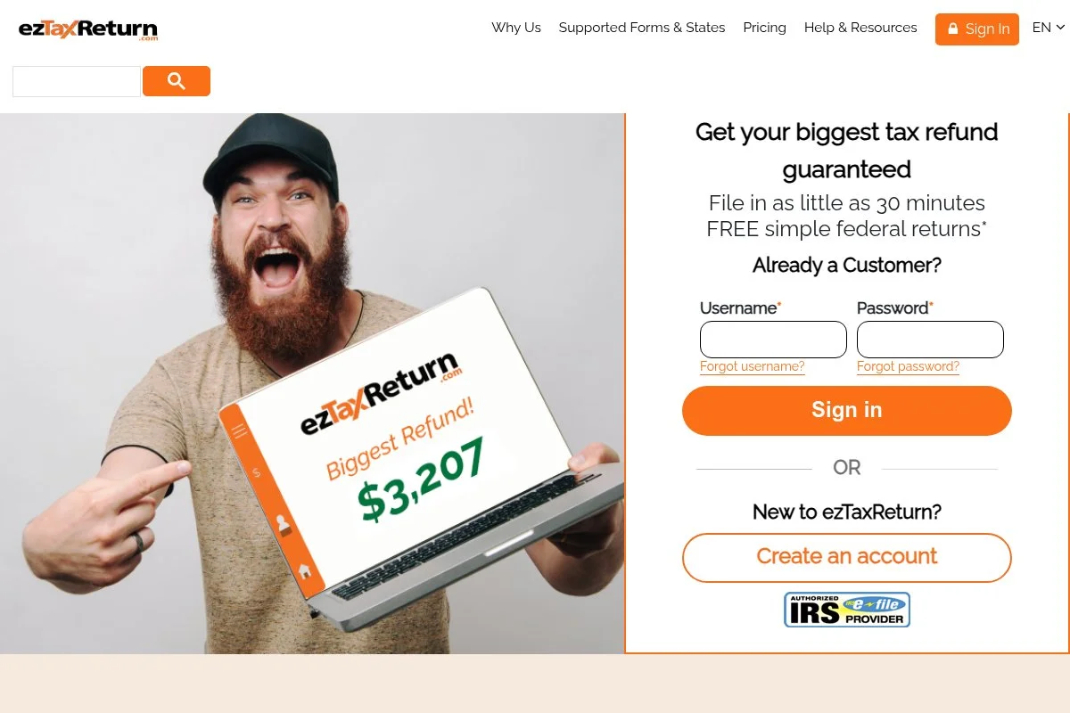 Screenshot of ezTaxReturn Online homepage