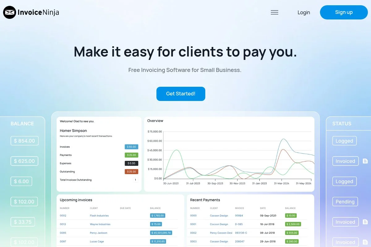 Screenshot of Invoice Ninja homepage