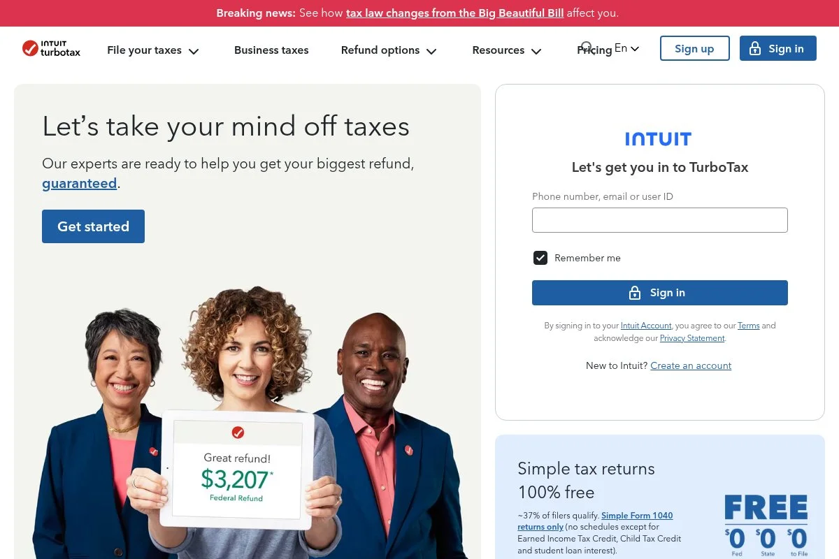 Screenshot of TurboTax Self-Employed homepage