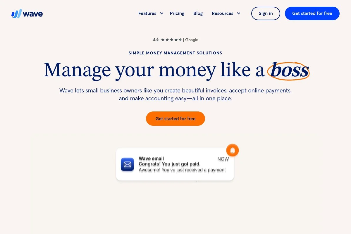 Screenshot of Wave Financial homepage