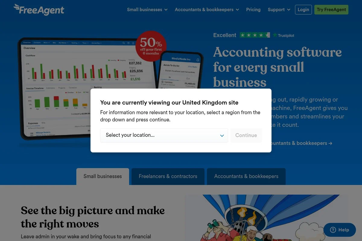 Screenshot of FreeAgent homepage