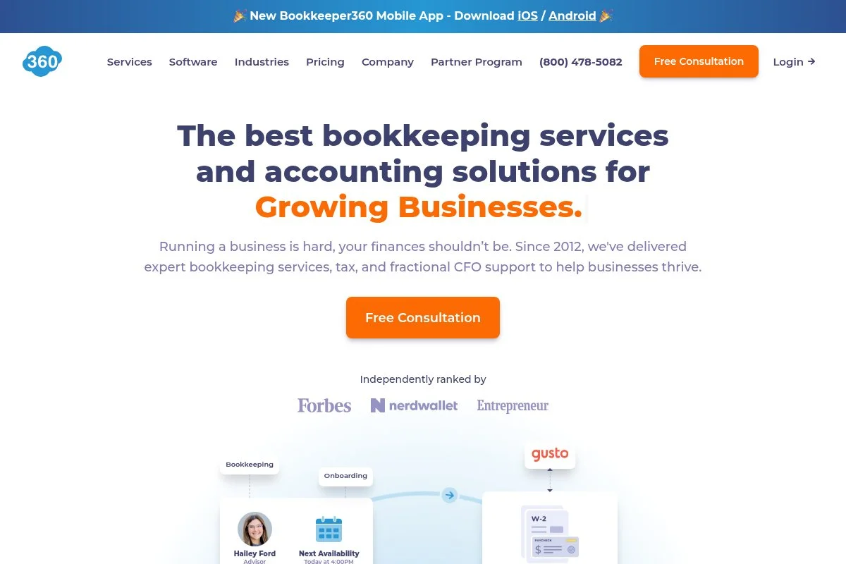 Screenshot of Bookkeeper360 homepage