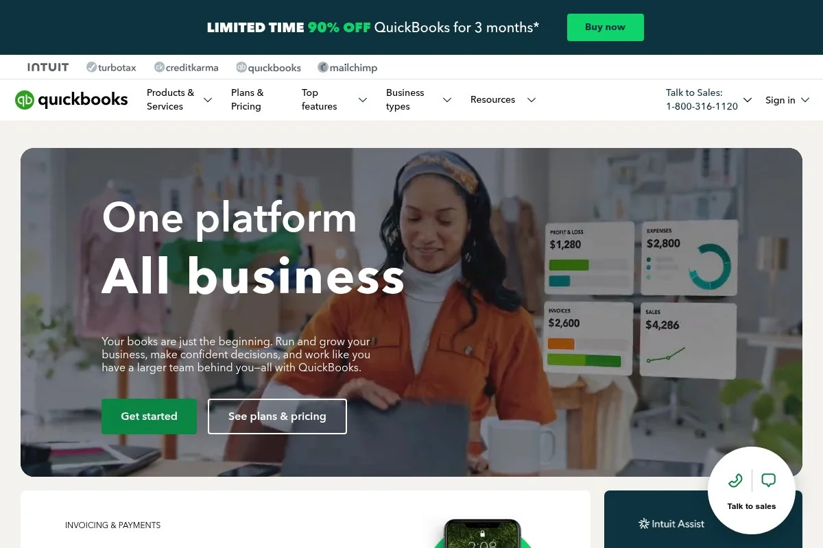 Screenshot of QuickBooks Live Bookkeeping homepage