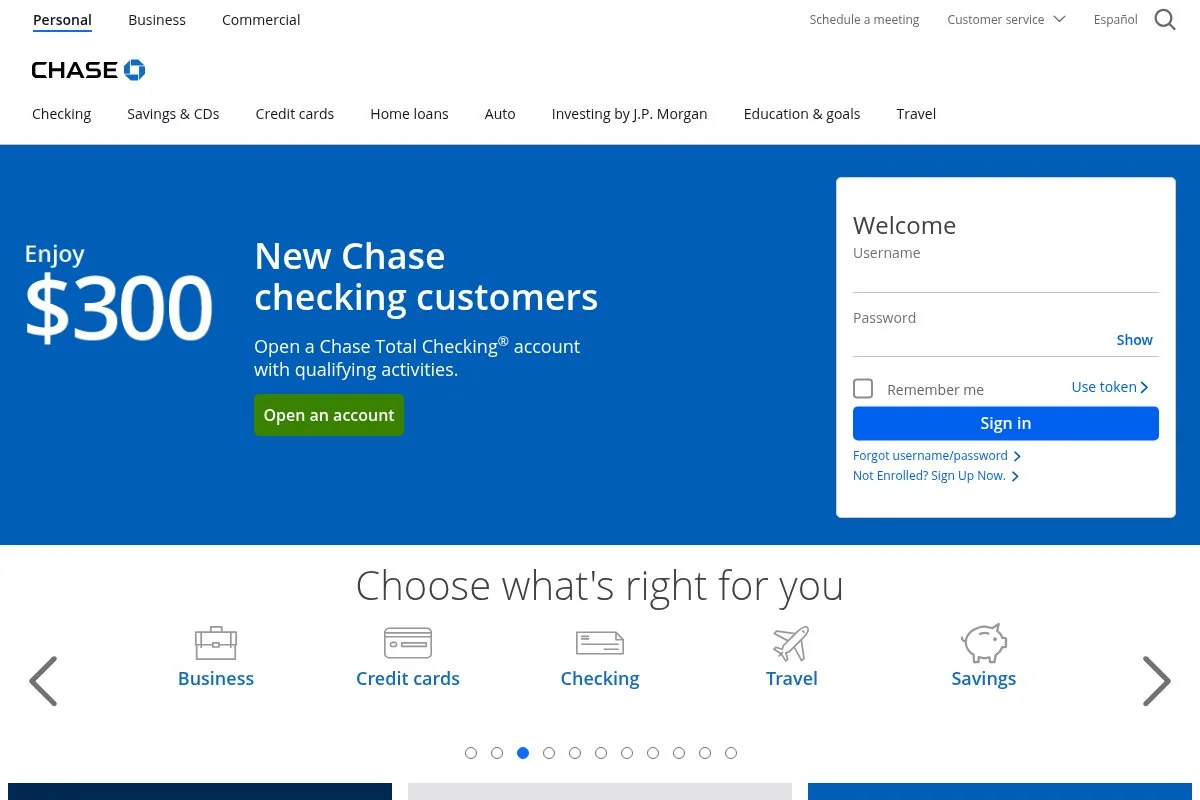 Screenshot of Chase homepage