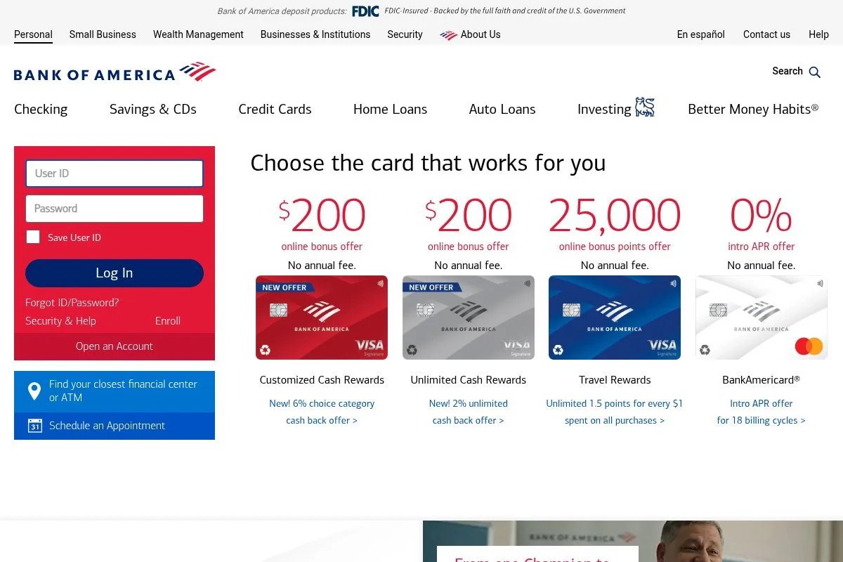 Screenshot of Bank of America homepage