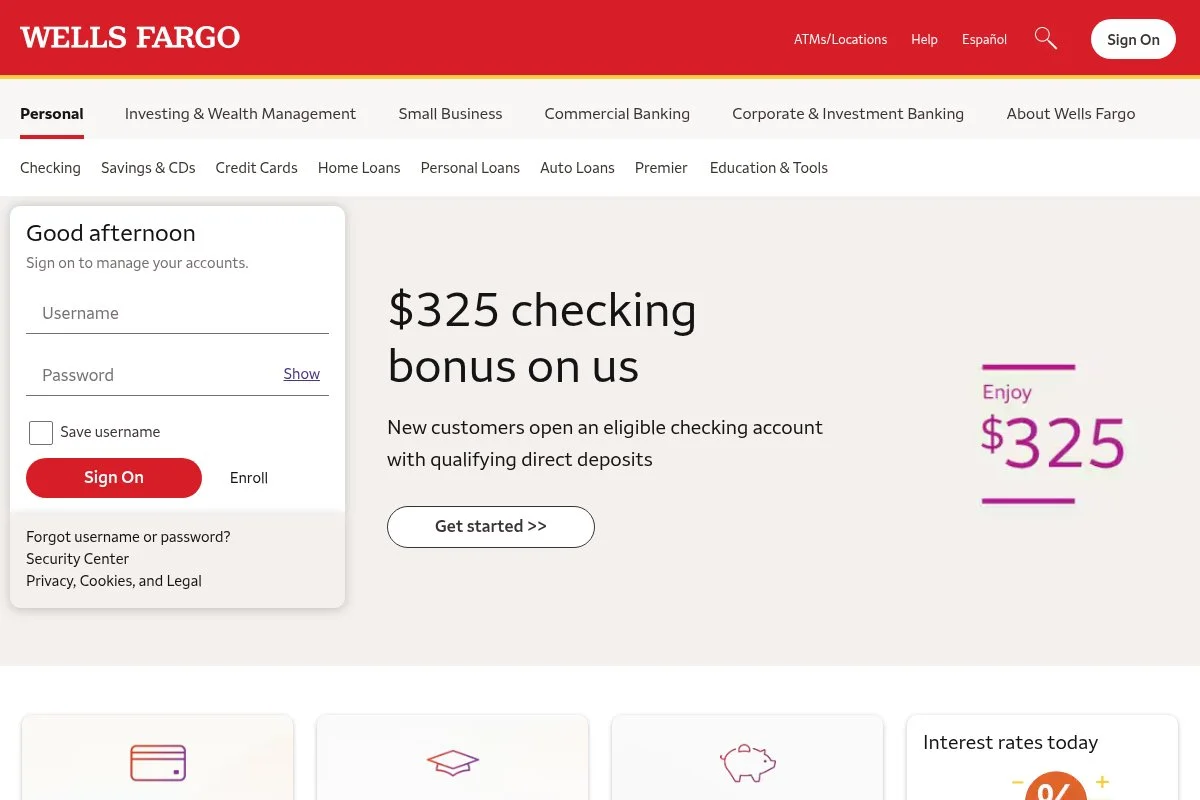 Screenshot of Wells Fargo homepage