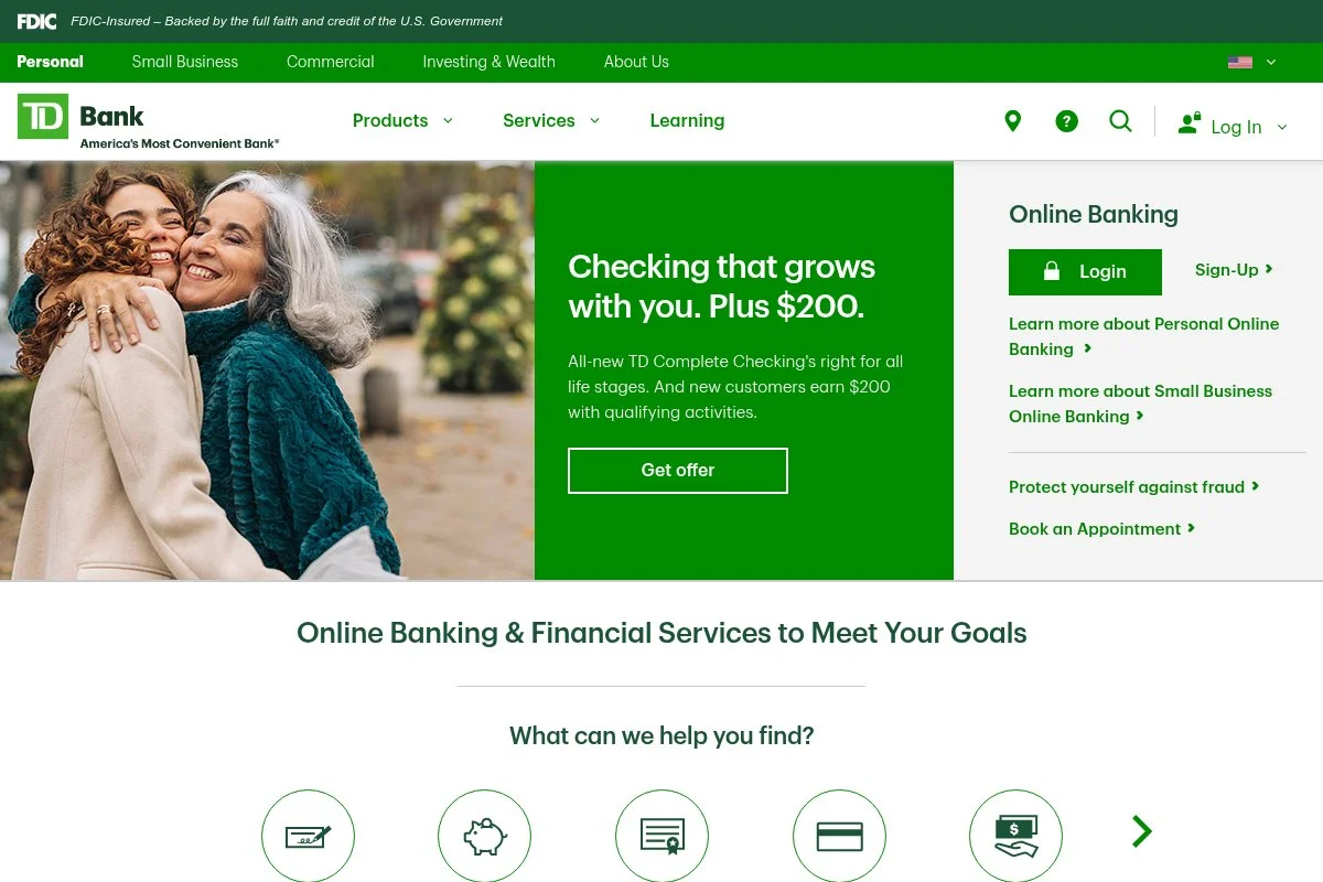 Screenshot of TD Bank homepage