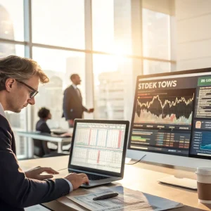 finance man at computer with stocks on another screen; Diversified Stock Picks