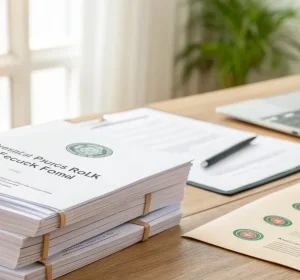tax forms stacked on a desk.
