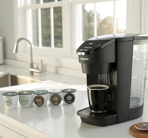 Keurig coffee machine on counter with hot coffee