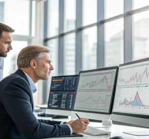 Analysts sitting at desk with screens, looking to break down details of the market moves