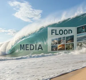 ocean coming up on beach with a billboard with pics saying media flood; Content Flood Could Benefit Creators