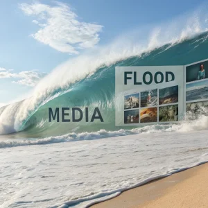 ocean coming up on beach with a billboard with pics saying media flood; Content Flood Could Benefit Creators