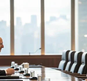 Sachs and China sitting across from each other at desk cityscape outside window