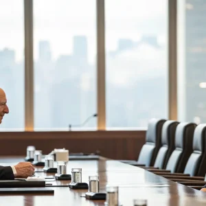 Sachs and China sitting across from each other at desk cityscape outside window