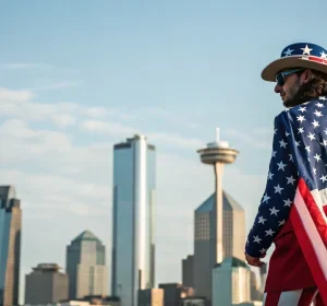 Dallas city scape, man standing with US flag jacket and hat; Patriotic Apparel Brand