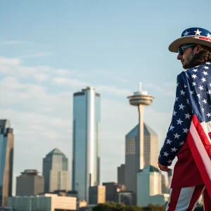 Dallas city scape, man standing with US flag jacket and hat; Patriotic Apparel Brand