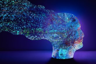 Abstract head with colorful nature elements dissolving; chaotic calendar