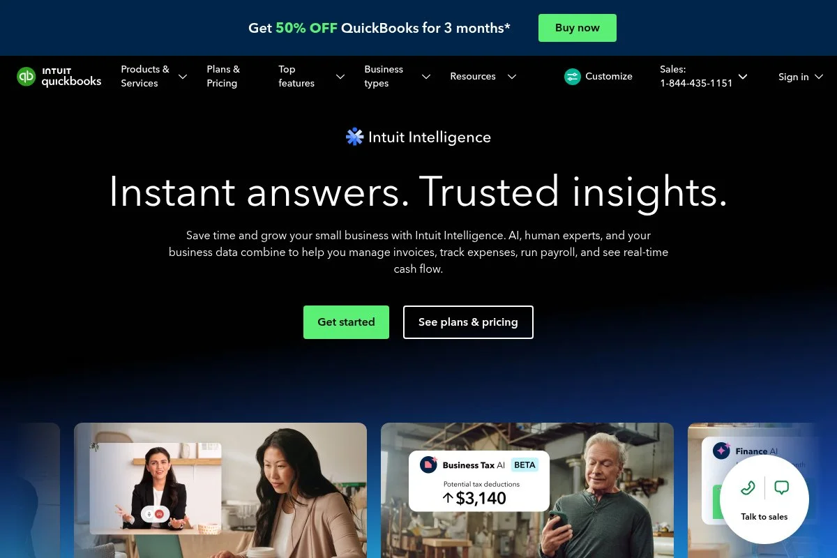 Screenshot of QuickBooks Online homepage