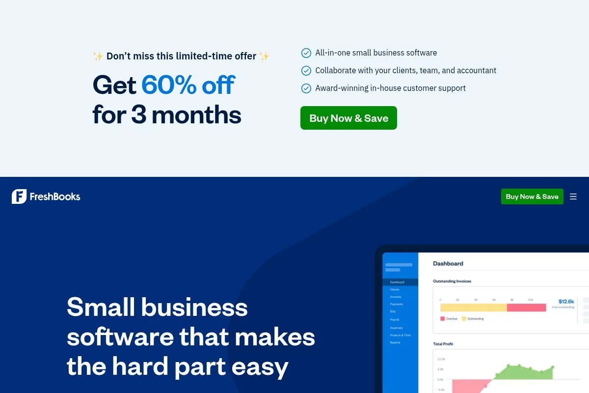 Screenshot of FreshBooks homepage