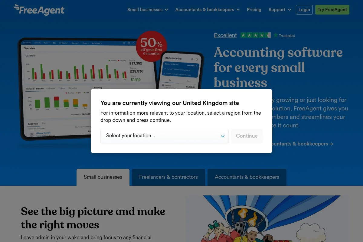 Screenshot of FreeAgent homepage