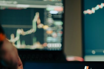 A person pointing at a chart on a laptop showing economy growth